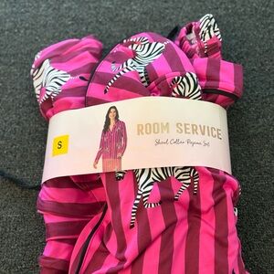 Room Service Women's Shawl Collar Pajama Set - Pink Zebra Stripe